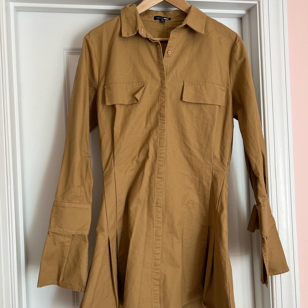 Tan Long Sleeve Button-Up Shirt Dress